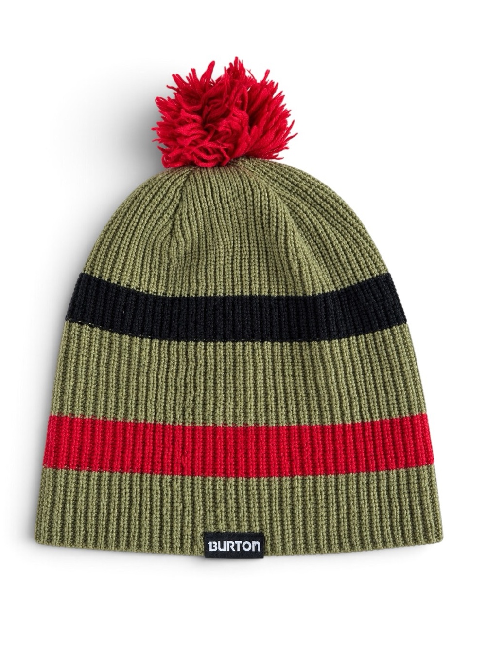 Burton Striped Pom Pom Hat Ribbed Knit Beanie Olive Green Red Black One Size